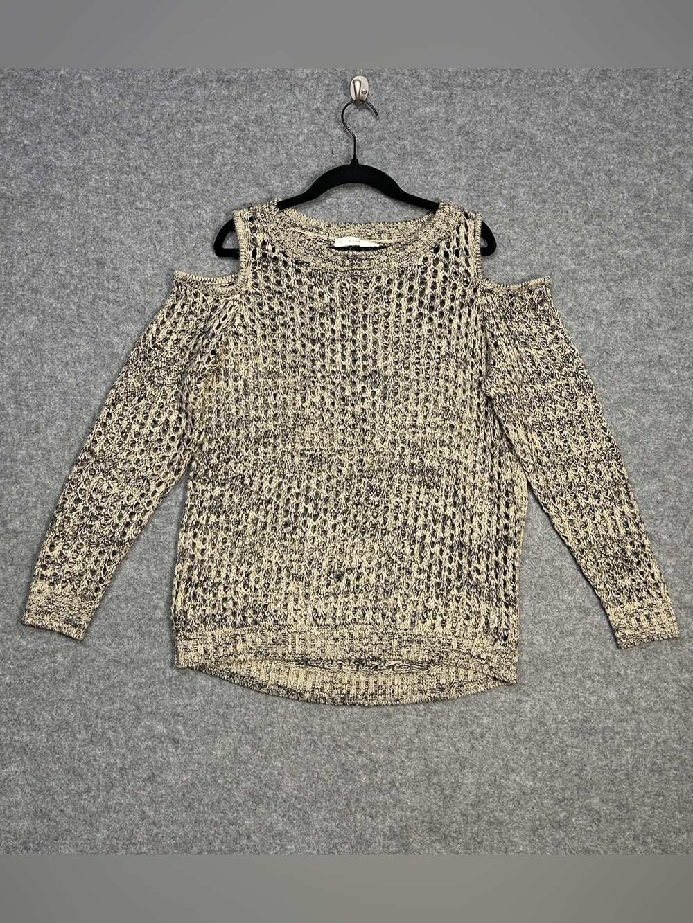 Lush S Cream Black Marled Cold-Shoulder Knit Sweater Indie 90’s Boho Festival